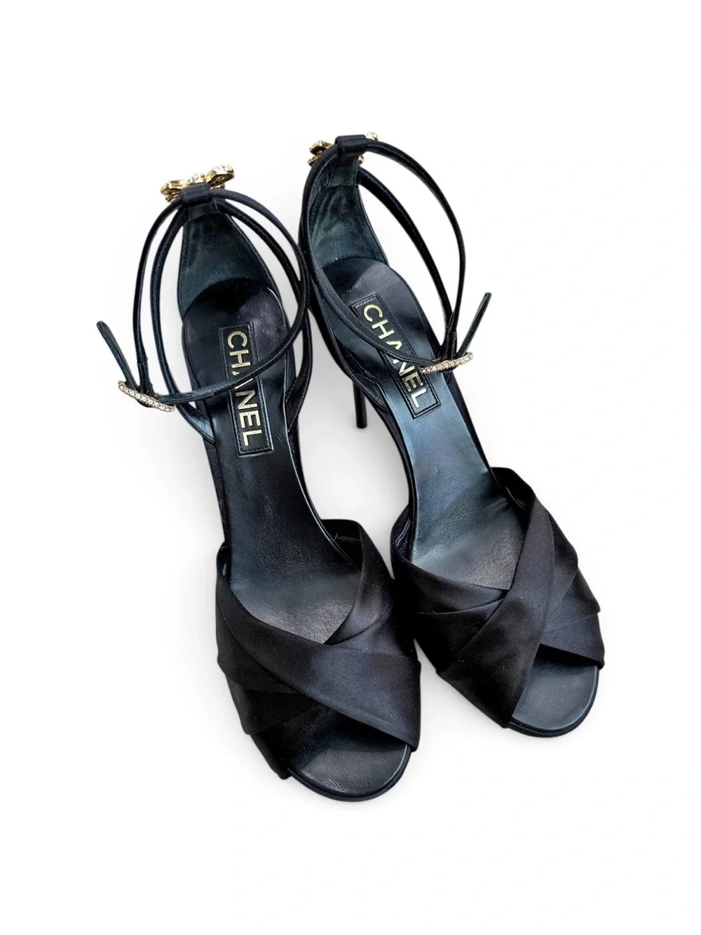CHANEL Black Satin Crisscross Open-Toe Ankle-Strap Heels with Gold Hardware